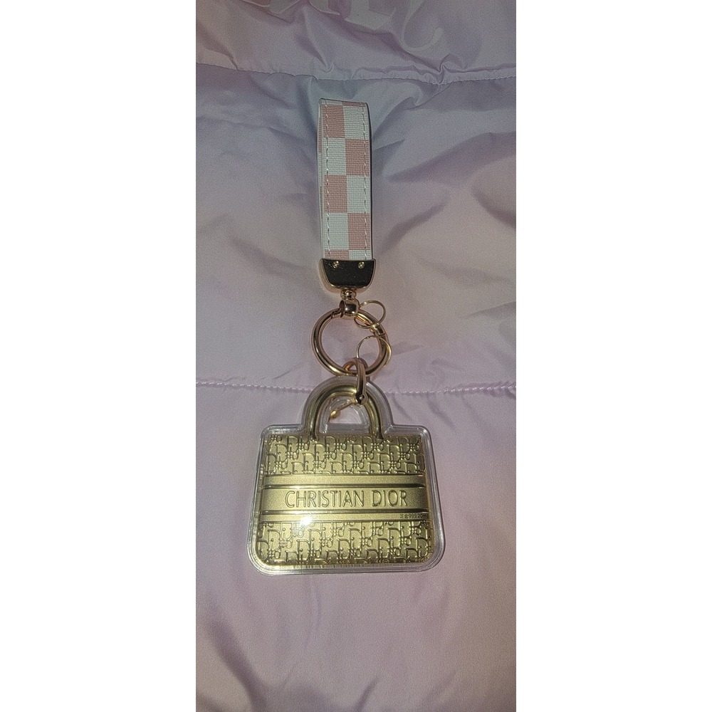 Christian Dior Gold Handbag Charm Keychain Pink Checkered Wristlet Accessory - Picture 3 of 3